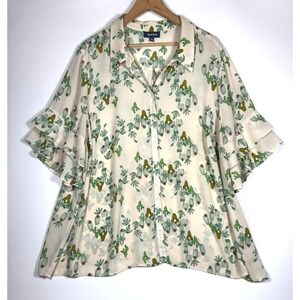 Modcloth Blouse Women 3X Cream Cactus Print Button Front Ruffle Short Sleeve Top